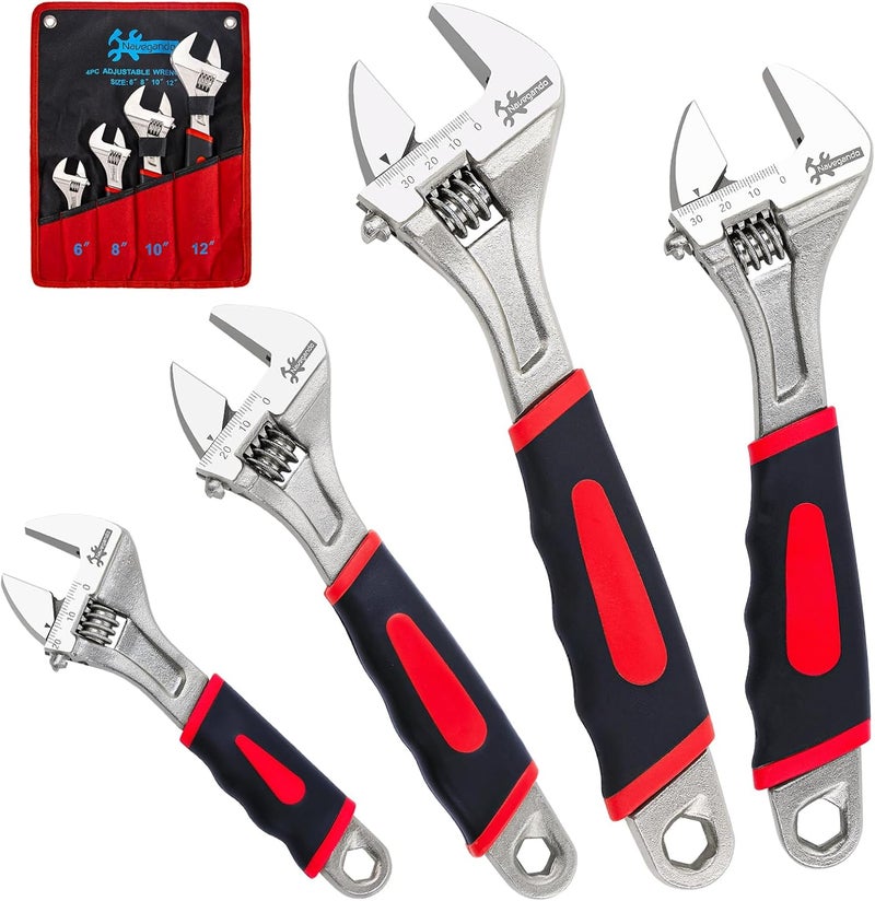 Navegando 4-Piece Adjustable Wrench Set, 6/8/10/12 Inch, Heat Treated Carbon Steel with Non-Slip Rubber Grip，Corrosion Resistant Finish for Automotive, Plumbing & DIY Repairs - Image 1